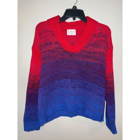 2/$35 Jantzen Vintage Silk Blend Cowl Neck Red Blue Gradient Sweater Womens M - Picture 1 of 11